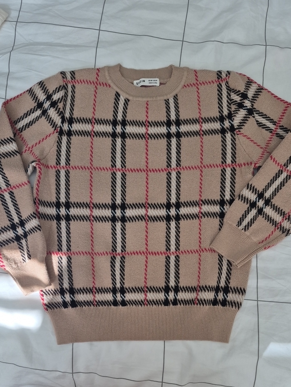Beige Plaid Knit Sweater with Black and Pink Check